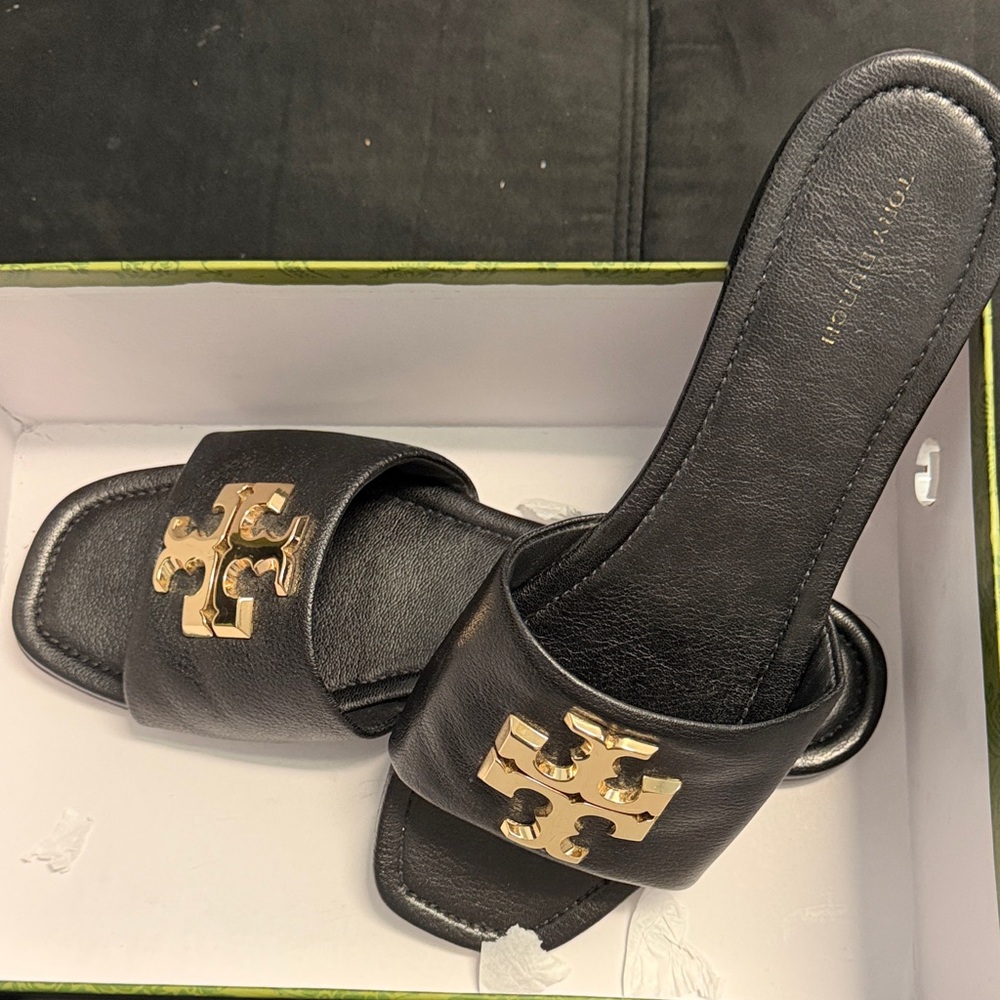 Tory Burch Black Slides with Gold Emblem